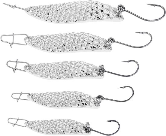 Vijf stuks metalen visserslures, spinnerbaits en lepels voor zoetwatervis en zoutwatervis zoals forel en zalm