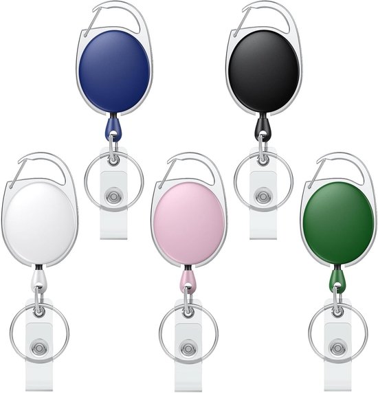 Vijf stuks oplaadbare badge reels voor ID-kaarten, stevige keychain met kleurrijke ABS-behuizing, 60 cm nylon karabiner en roestvrijstalen veer.
