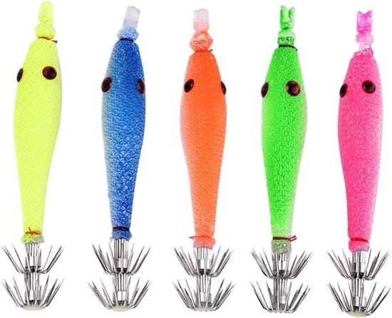 Vijf Stuks Squid Jig Haak Set, Silicone Kunstmatige Inktvis Haken met Curls voor Visaccessoires