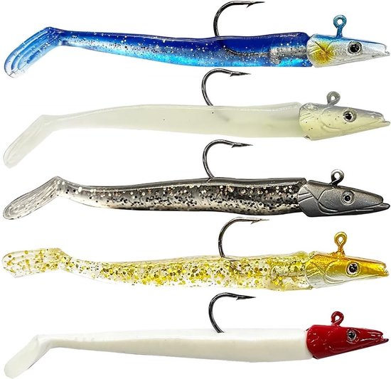 Vijf Stuks Zachte Vissenlures - Jigkoppen, Paddle Tail Swimbaits en Jerk Baits voor Zoet- en Zoutwater Vissen zoals Baars en Forel van Merkloos