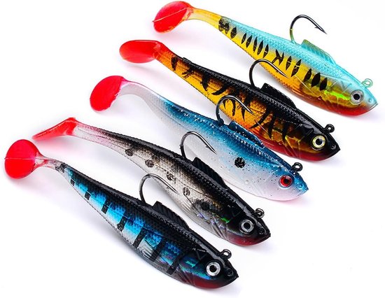 Vijfdelige Aas Set - Gummy Vissen met Jigkop, Lokmiddelen voor Forel, Zander en Baars - Paddle Tail Zacht Aas (8 cm) - Geschikt voor Zoet- en Zoutwater Visserij van Merkloos