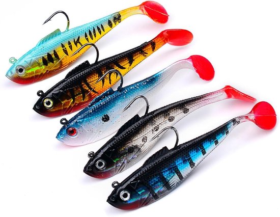 Vijfdelige kunstaas set met rubberen vissen en jigkoppen - Paddle tail kunstaas voor forel, snoekbaars en baars (11 cm) - Geschikt voor zoet- en zoutwater vissen - Plastic aas voor het vissen op verschillende soorten vis