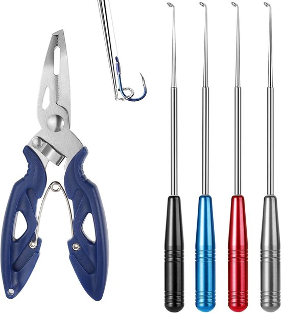 Vijfdelige set met vishaakverwijderaars en visgereedschap, roestvrijstalen haken, inclusief tang en magneten, 16.5 cm voor kleine en grote vissen