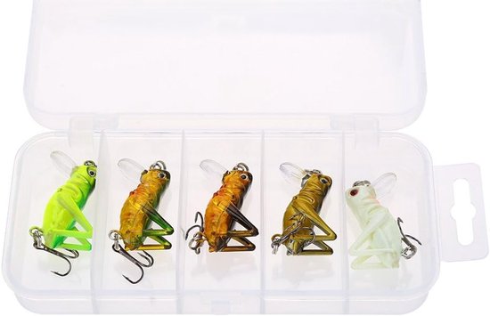 Vijfdelige Vissersset met Zachte Vliegende Grasshopper, Insecten en Aas met 3 Haken voor Baars, Forel en Zalm, Ideaal voor Vissersaccessoires en Hengelsport