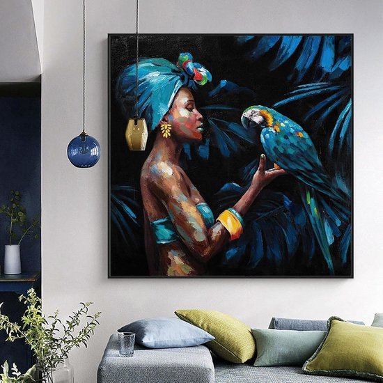 Vintage Afrikaanse Vrouw Papegaai Canvas Schilderen Prints Wall Art Abstracte Foto Voor Woonkamer Interieur Decoratie poster 70x70cm Frameless
