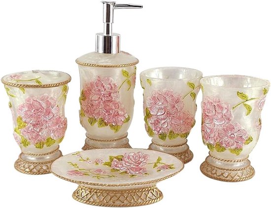Vintage badkameraccessoires, 5-delige badkameraccessoireset, badkamerset kenmerken, zeepdispenser, tandenborstelhouder, beker en zeepbakje - bad cadeauset