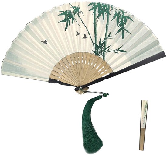 Vintage Bamboe Vouwwaaier met Kwastje Retro Chinese Stijl Handwaaier Opvouwbare Katoenen Danswaaier Draagbare Zomeraccessoire voor Kostuums Decoratie