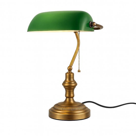 Vintage Bankierslamp E27 met Groene Glazen Kap, Verstelbare Retro Bureaulamp met Antiek Messing Afwerking en Trekkoordschakelaar, Tafellamp voor Kantoor Studeerkamer Bibliotheek van vintage