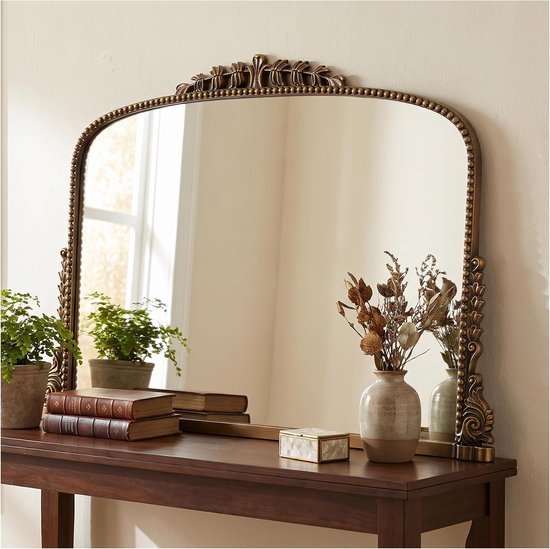 Vintage barokke boogspiegel - traditioneel sierlijk antiek messing frame - 96 x 73 cm - ideaal voor entree, open haard, woonkamer, hal, badkamer