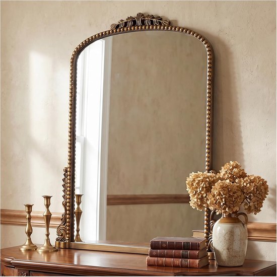 Vintage barokke boogspiegel - traditioneel sierlijk antiek messing houten frame - 51 x 90 cm - perfect voor entree, open haard, woonkamer, hal, badkamer