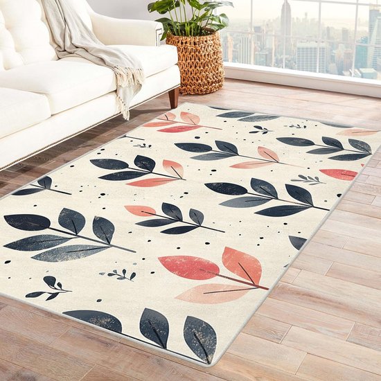 Vintage binnentapijt, zwart, plantenbladeren, roze, neutraal, antislip, voor woonkamer, wasbaar, slaapkamer, kantoor, eetkamer, badkamer, keuken (roze), 60 x 90 cm
