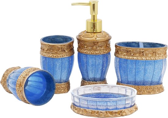 Vintage blauwe badkameraccessoires, 5-delige badkameraccessoireset, badkamerset kenmerken, zeepdispenser, tandenborstelhouder, beker en zeepbakje - goudkleurig glanzend - bad cadeauset