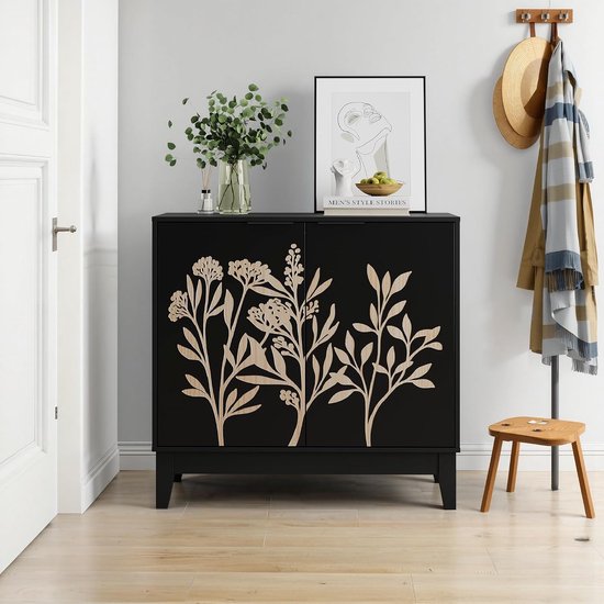 Vintage buffetkast, 80 cm, met gesneden meubels en opbergruimte, dressoir met 2 deuren en verstelbare planken, voor woonkamer, keuken, eetkamer