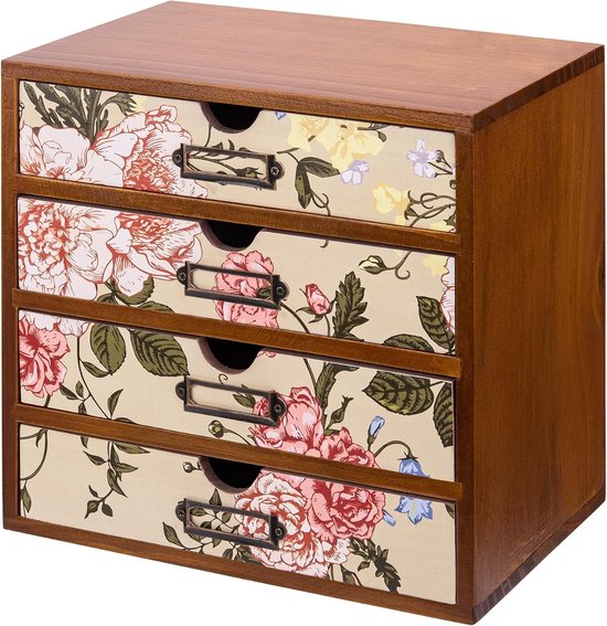 Vintage bureauorganizer met 4 lades en jacobean patroon, pastelbloemen, curiosalade dressoir, kast, tafelblad - 4-laags houten bureau-organisatiekast - Victoriaans bloemenontwerp