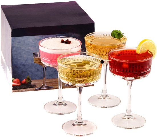 Vintage Coupe Glazen Set van 4, Champagne, Cocktail, Martini, Wijnglazen, Lange Stem Glaswerk, (9 oz/260 ml)