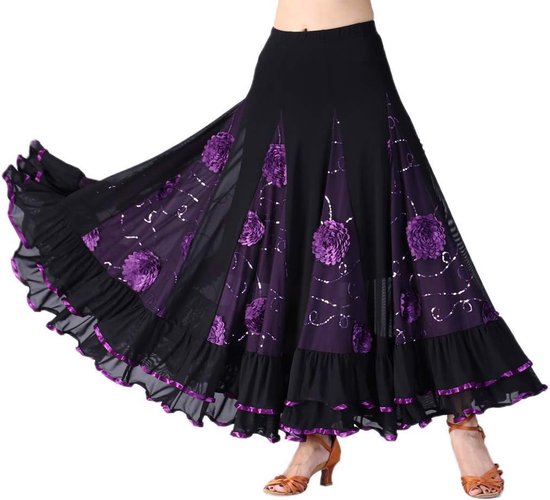 Vintage Dames Flamenco Ballroom Dance Waltz Big Swing Pailletten Moderne Lange Rok Jurk Dancewear Paars zoals beschreven, Paars, Eén maat