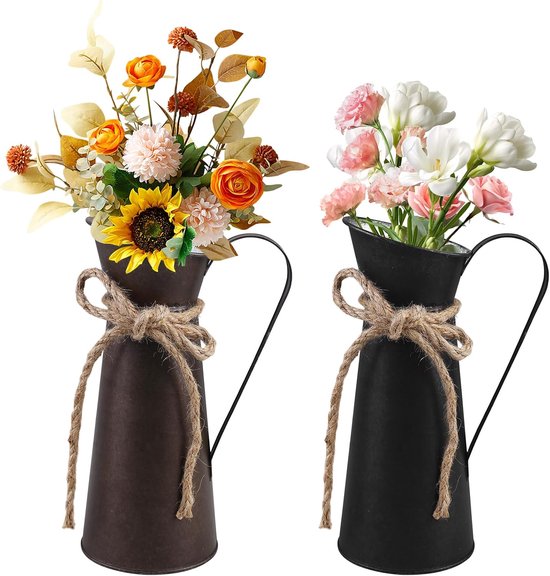 Vintage decoratieve metalen bloemenvaas-set: PRITOK 2 stuks vazendecoratie, bloemenemmer tafeldecoratie, gegalvaniseerde melkkan in retrostijl, decoratieve vaas, decoratieve vaas in landelijke stijl