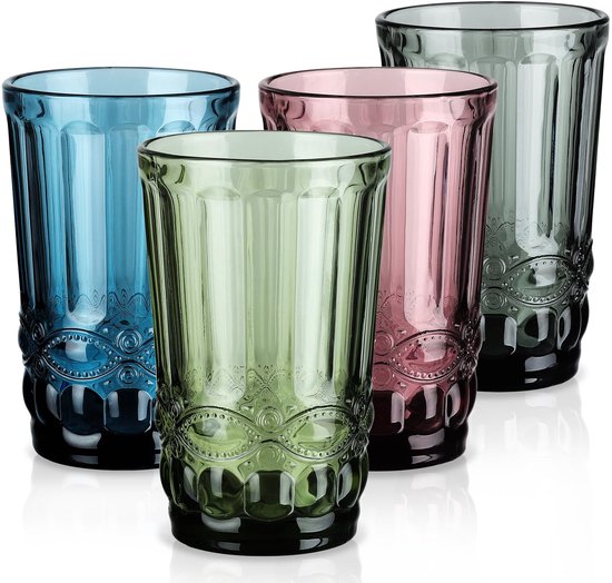 Vintage drinkglazen set van 4, 410ml Highball glas watertumbler met reliëf serpentijnpatroon, gekleurde hoge glaswerk drankglazen voor Kerstmis bruiloft feest banket, veelkleurig