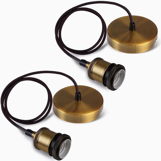 Vintage E27 Lampfitting van Metaal met Kabel en Plafondhouder, Retro Hanglamp E27 in Industriële Stijl, Ideaal voor Keuken, Bar en Woonkamer, Antiek Brons, 2 Stuks