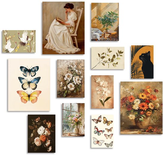 Vintage Eclectische Wanddecoratie Poster Rustieke Bloem Vlinder Canvas Poster voor Slaapkamer Woonkamer Decor Niet ingelijst Set van 12
