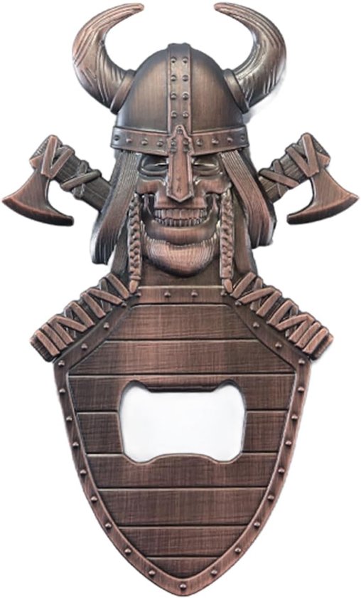 Vintage flesopener in de vorm van een Vikingschedel in de vorm van een koperen magnetisch schild, cadeau voor mannen (Vaderdag/verjaardag)