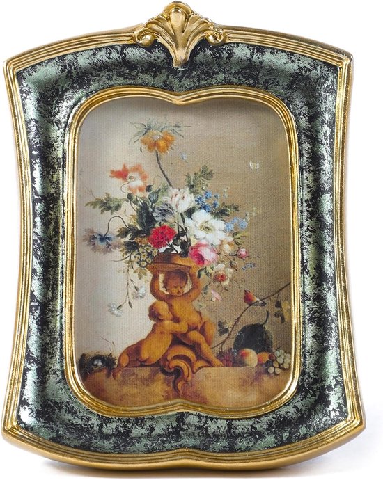 Vintage fotolijst 2,5 x 3,5 cm antieke sierlijke fotolijst tafelblad en wandophanging, decoratief retro design huisdecoratie, ouderwetse fotogalerij kunst, mosagaatgroen