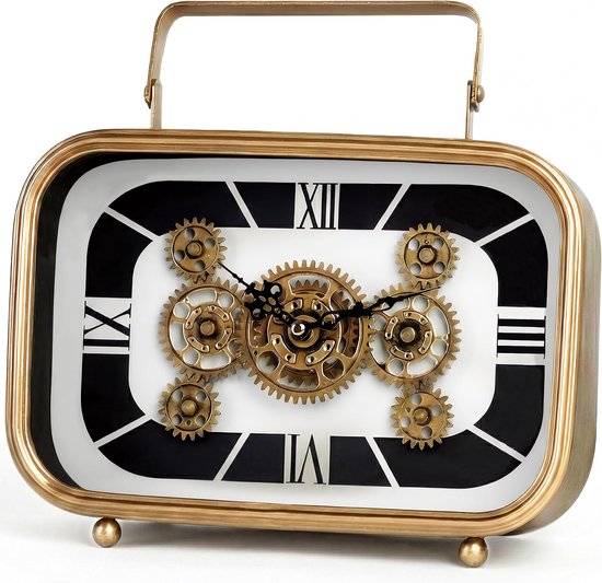 Vintage Gear klok, echte bewegende tandwielen metalen tafelklok voor woonkamer, mantel, opbergrek, werkplaatsdecoratie, steampunk industriële retro tandwielen decor, uniek cadeau voor mannen