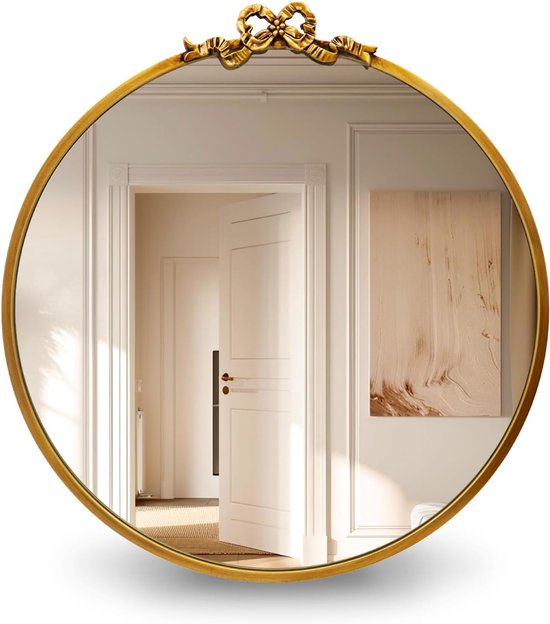 Vintage gouden ronde spiegel decoratieve badkamer ijdelheid spiegels 69,8 cm antieke metalen sierlijke cirkel muur spiegel, barokke boog decor voor thuis kaptafel, slaapkamer, woonkamer, hal