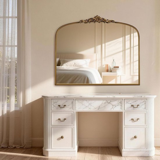 Vintage gouden, sierlijke barokke spiegel - 36 x 30 inch gebogen antiek messing spiegel met volledig metalen frame - ideaal voor entree, open haard, woonkamer, hal, badkamer