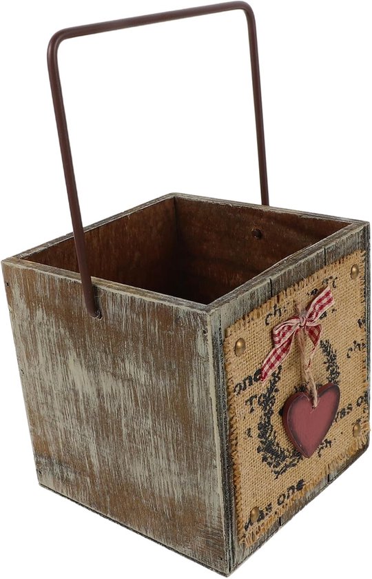 Vintage Houten Bloempot met Jute Details Duurzaam Vierkant Plantenbakje met Handvat Rustieke Decoratie voor Bureau Woonkamer voor Bonsai Vetplanten