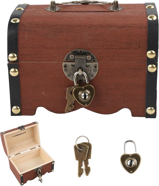 Vintage houten schatkist 14,5 x 10 x 9,5 cm, slot, opslag, decoratief klein schatkist voor kinderverjaardag