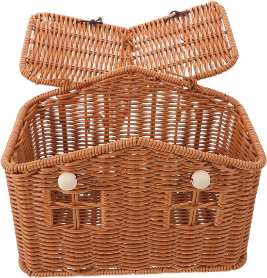 Vintage Huisvormige Picknickmand met Imitatie Rattan Handgeweven Ontwerp Rustieke Decoratieve Draagmand met Handvat voor Bruiloftsgeschenken Feestelijke Buitenactiviteiten