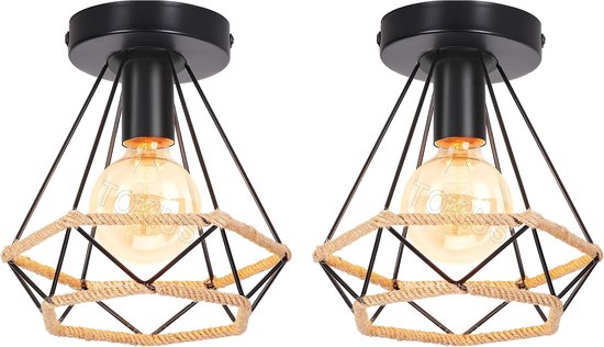 Vintage ijzeren plafondlamp, 20 cm, industrieel, henneptouw, plafondlamp, 60 W, E27, binnenverlichting, voor keuken, slaapkamer, hal (2 stuks)