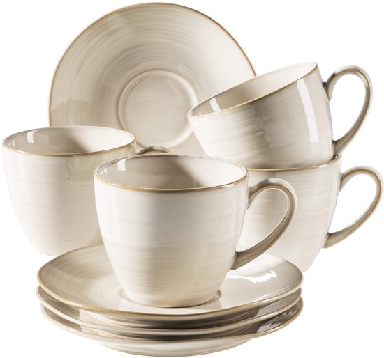 Vintage koffiekopjes, set voor 4 personen, schoteltjes met onregelmatige rondingen in retro look, aardewerk, beige