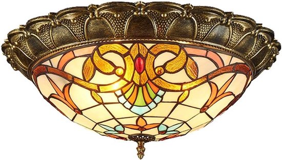 Vintage led-plafondlamp, gekleurd glas, rond, plafondlamp, 3000 K, warm wit licht, retro, glas-in-lood, plafondverlichting voor slaapkamer, woonkamer, eetkamer, café, bronskleurig, metaal