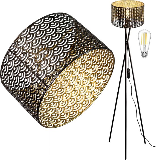 Vintage led-vloerlamp, driepoot, met dimbare schakelaar, retro staande lamp met E27 lampfitting, metalen ruitpatroon, kap