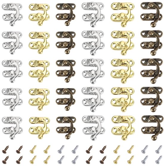 Vintage Lock Sluiting Antieke Rechter Klink Haak met 120 Montageschroeven Swing Arm Klink voor Meubels Houten Kist Sieraden Kast Houten Dozen Decoratie (3 Kleuren)