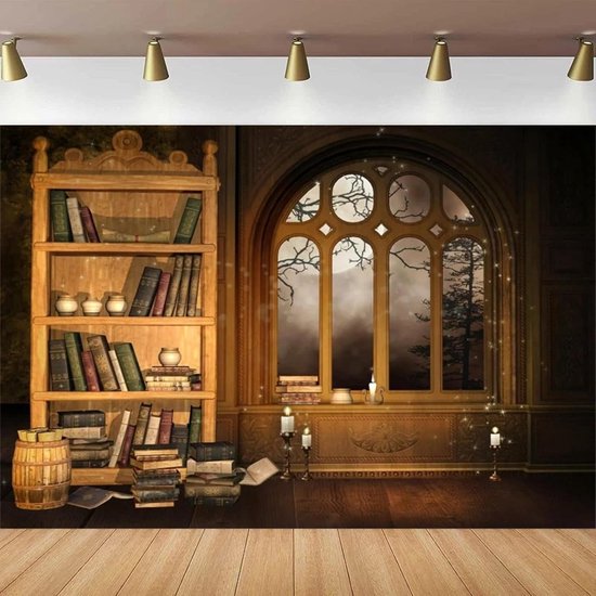 Vintage Magic Room Fotografie Achtergrond Retro Boekenkast Oude Boekenkast Venster Boek Kaars Maan Nacht Achtergrond Portret Schieten 300 x 200 cm