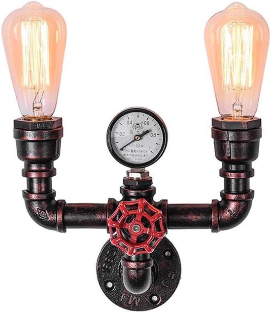 Vintage metalen wandlamp industriële retro wandlamp creatieve waterleiding 2-lichts wandkandelaar E27 voor restaurant, café, bar, slaapkamer, rood koperkleur