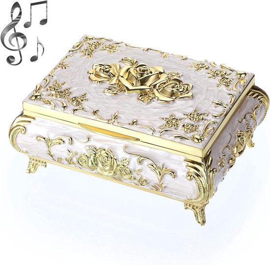 Vintage Muziek Doos - Metalen Muziek Sieraden Doos Ring Souvenir Doos Armband Oorbellen Cadeau voor Vrouwen (Wit+Goud)
