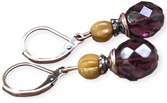 Vintage Ohrringe mit böhmischen Glasperlen - lila aubergine, senf, ocker, gelb & kupfer
