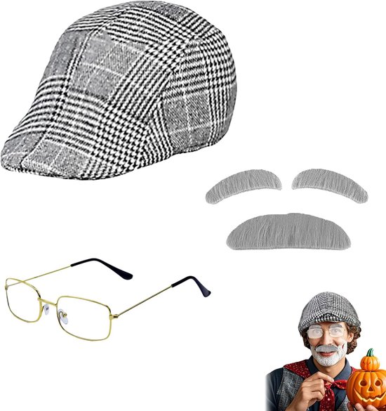 Vintage Opa Aankleden Set - Compleet Opa Kostuum met Hoed, Bril, Snor en Wenkbrauwen