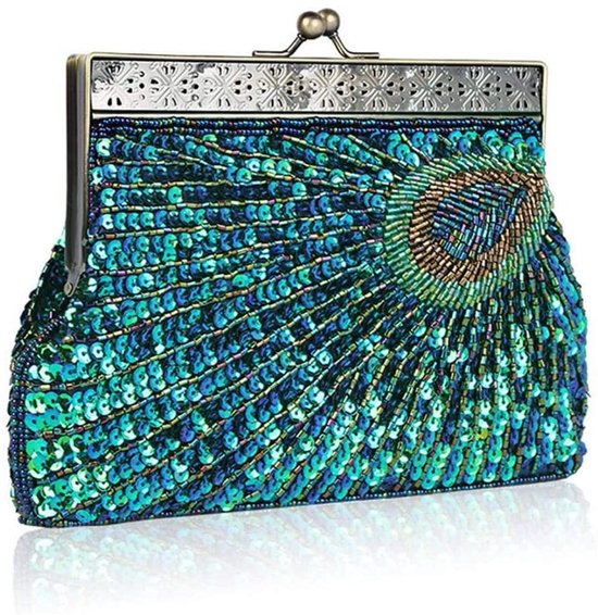 Vintage Pailletten Pauw Clutch Bag, Antieke Kralen Avond Handtas Clutch Bags, Turquoise Eye Catching Purse voor Bruiloft (Blauw)