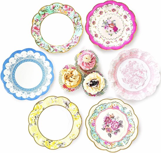 Vintage papieren borden met gebloemde rand, echt heerlijk wegwerpservies voor verjaardag of tuinfeest, middagthee, babyshower, bruiloft, 17,5 cm