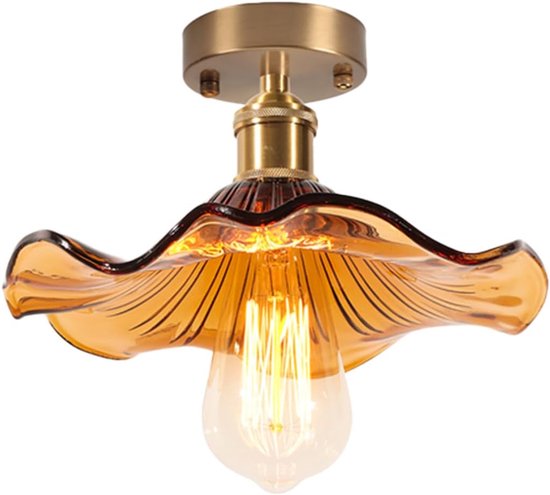 Vintage Plafondlamp in Glas Moderne Plafondlamp E27 Creatieve Lotus Kroonluchter Lampenkap Plafondlamp voor Hal, Woonkamer, Slaapkamer(Amber)