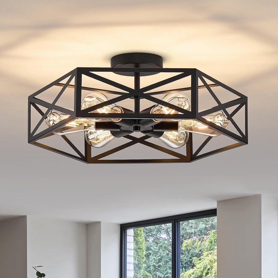 Vintage Plafondlamp Zwart 6 lichten E27, Industrieel Stijl Half Ingebouwd Metaal, Modern Kooi Lichtarmatuur voor Keuken, Gang, Slaapkamer, Woonkamer en Entree