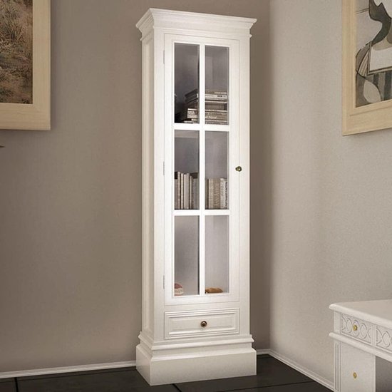Vintage rek met glazen deur en lade, organizer met 3 planken voor kantoor, woonkamer of slaapkamer, wit meubelstuk met antieke afwerking en stijl