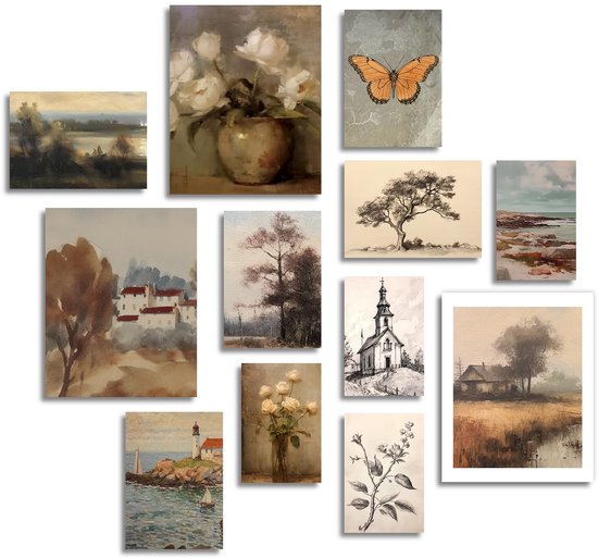 Vintage Rustieke Muur Decor Poster Frans Land Bloem Boom Vlinder Muur Poster voor Boerderij Slaapkamer Woonkamer Decor Set van 12