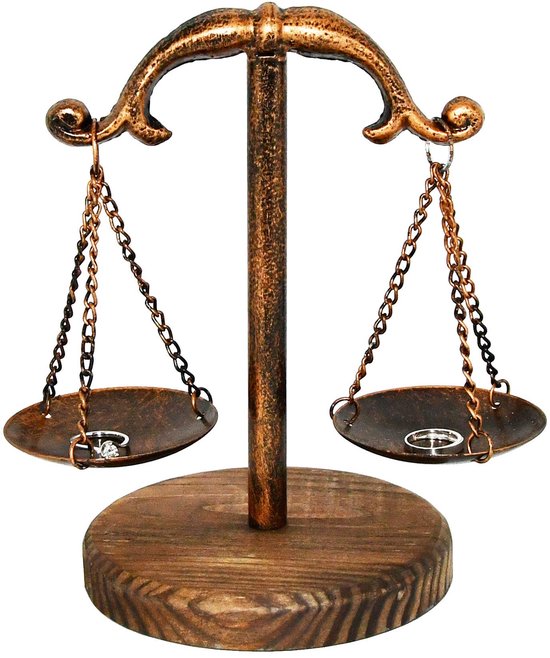 Vintage stijl metalen justitie weegschalen sieraden display, Weegschaal lade cosmetische organisator, sieraden opslag, unieke middenstuk standaard met houten basis ¨C brons