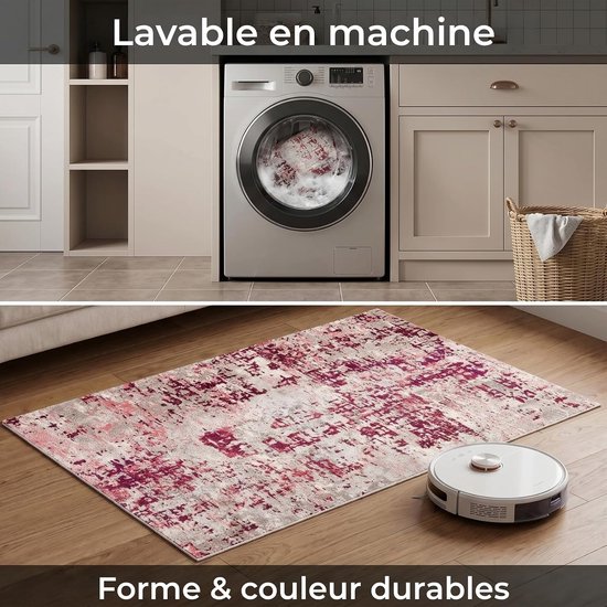Vintage tapijt woonkamer 200x290cm laagpolig, abstract rood grijs